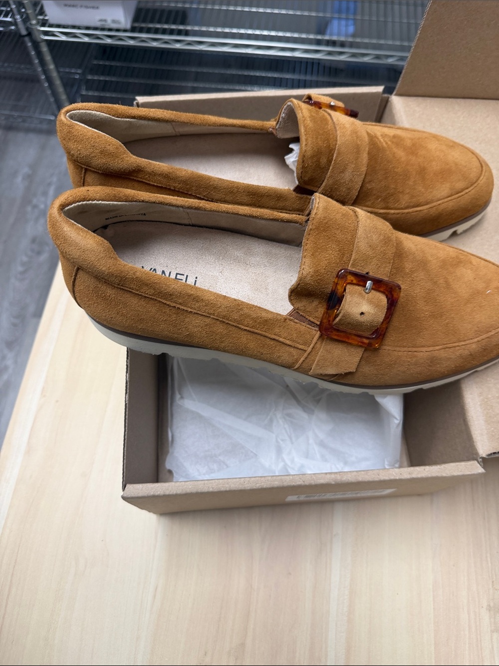 Vaneli Suede Loafer in Camel Brown with Tortoise Buckle